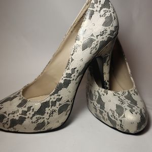 Beige and black mesh heels